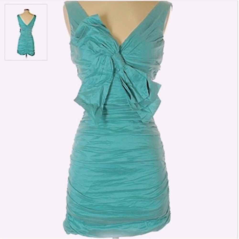 Vintage Blue surf poly woven ruched mini dress with bow